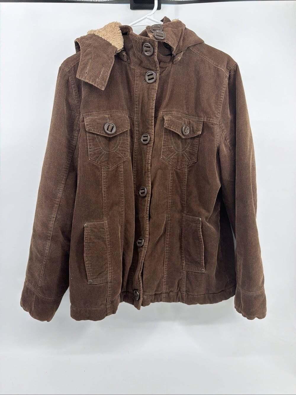 St Johns Bay Women's Corduroy Brown Faux Fur Lined Full Zip Hooded Jacket Size L